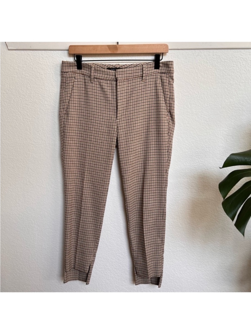 Zara Woman Houndstooth Check patterned slim trousers tan size 4 - Picture 2 of 8